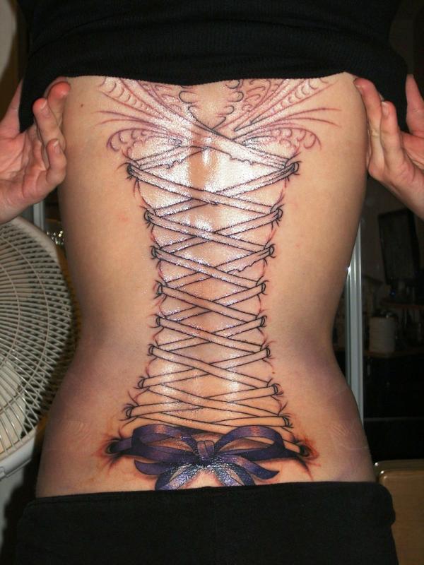 Girl Full Back Corset Tattoo Idea