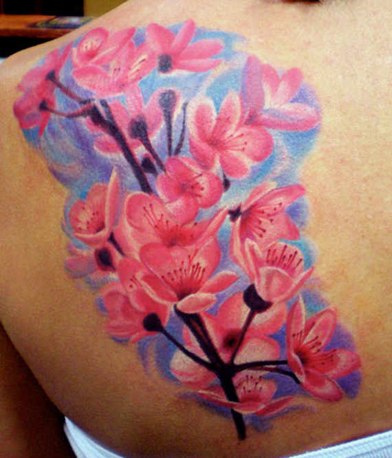 Girl Left Back Shoulder Cherry Blossom Tattoo