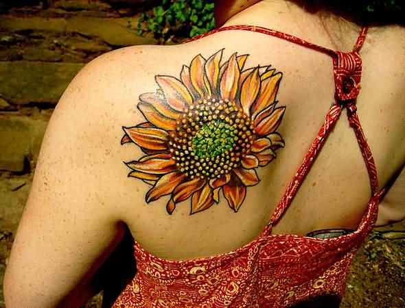 Girl Left Back Shoulder Realistic Sunflower Tattoo