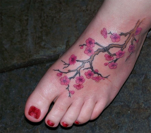 Girl Left Foot Cherry Blossom Tattoo