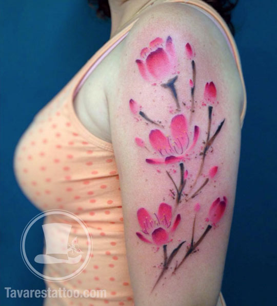 Girl Left Half Sleeve Cherry Blossom Tattoo