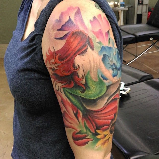 Girl Left Half Sleeve Colored Mermaid Tattoo