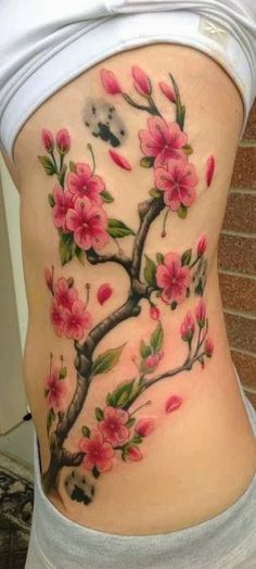 Girl Left Side Rib Cherry Blossom Tattoo