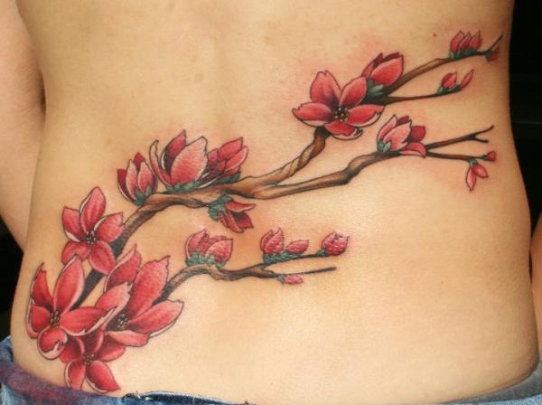 Girl Lower Back Cherry Blossom Tattoo