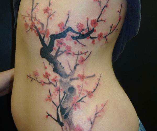 Girl Rib Side Cherry Blossom Tattoo