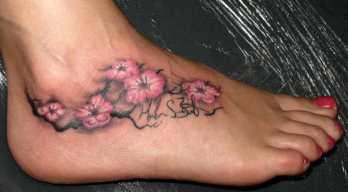 Girl Right Foot Cherry Blossom Tattoo Idea