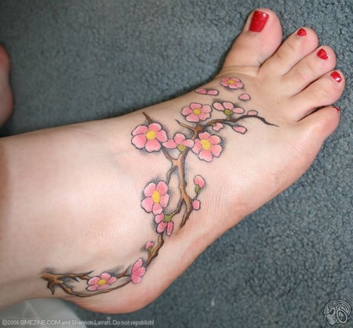 Girl Right Foot Cherry Blossom Tattoo Image
