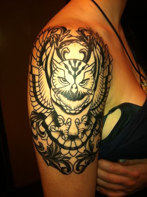 Girl Right Half Sleeve Flying Owl Tattoo