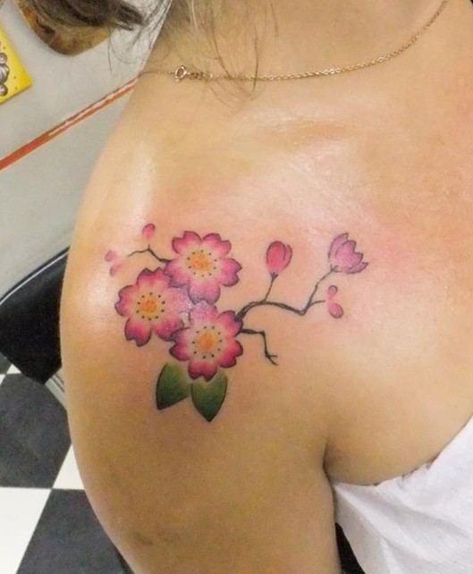 Girl Right Shoulder Cherry Blossom Tattoo