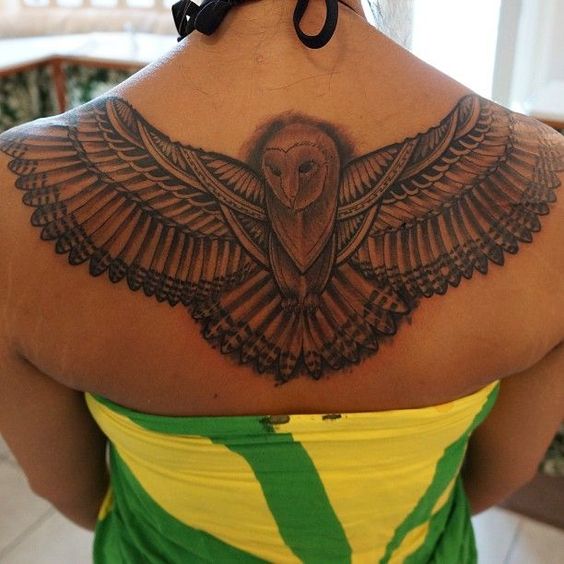 Girl Upper Back Flying Owl Tattoo