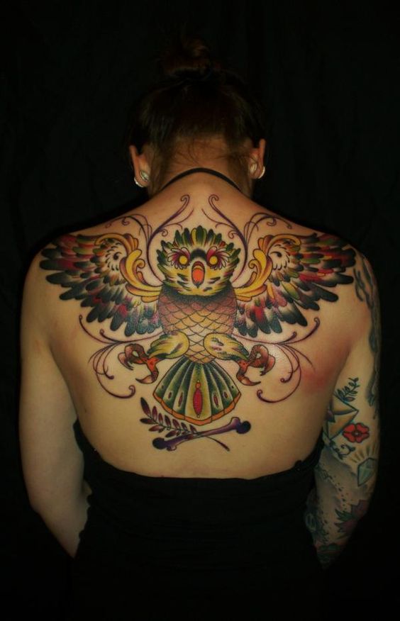 Girl Upper Back Traditional Flying Owl Tattoo
