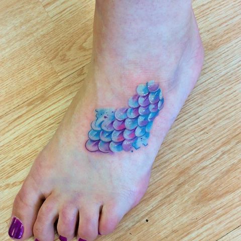 Girl With Mermaid Scale Tattoo On Left Foot
