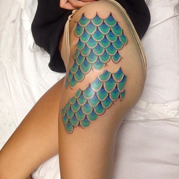 Green And Blue Ink Mermaid Scale Tattoo On Side Leg