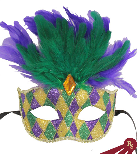 Purple Green Yellow Feather Mardi Gras Mask Owl Face
