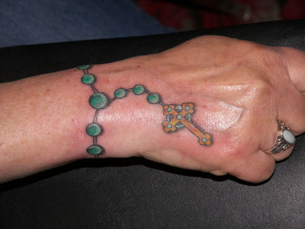 Green Beads Rosary Cross Tattoo On Wrist For Men