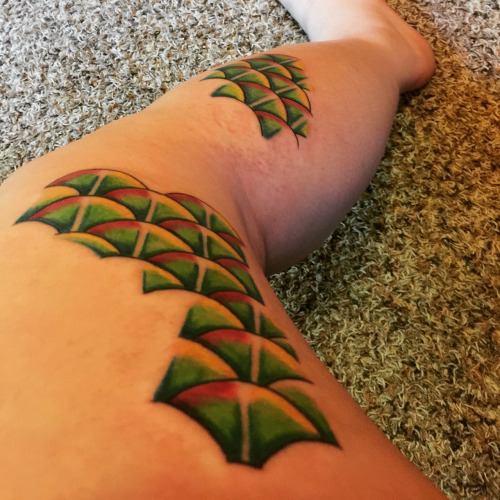 Green Ink Mermaid Scale Tattoo Leg Sleeve