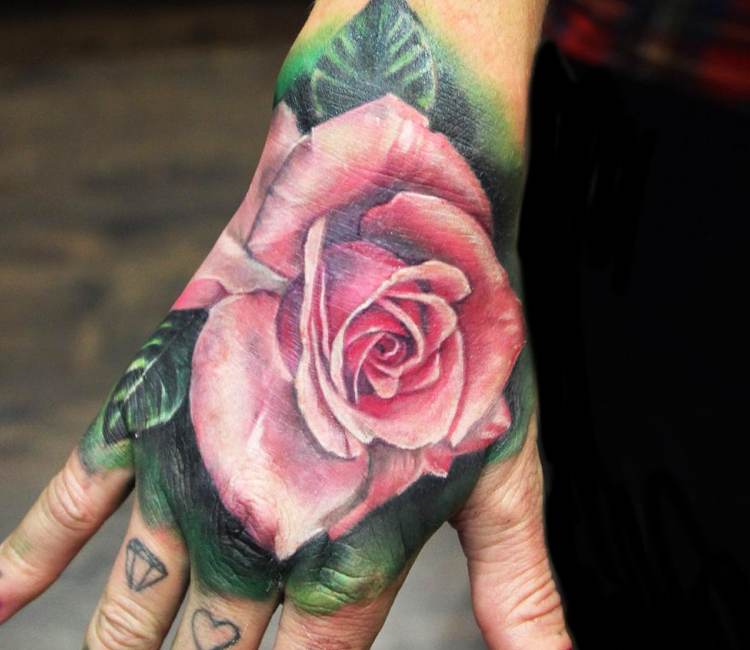 Green Leaves And Pink Rose Tattoo On Right Hand