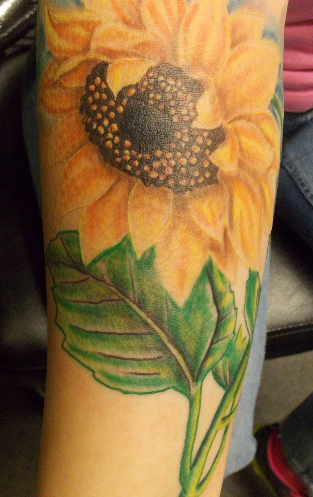 Green Leaves And Sunflower Realistic Tattoo