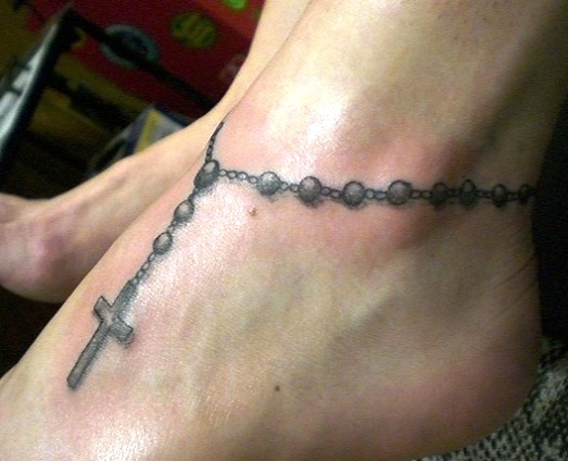 Grey And Black Rosary Cross Ankle Bracelet Tattoo