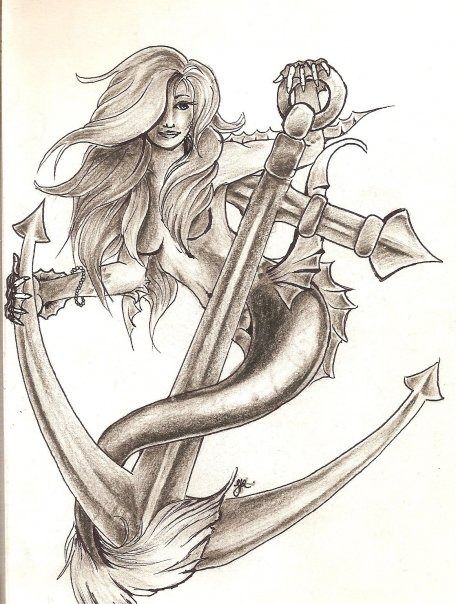 Grey And White Anchor Mermaid Tattoo Design