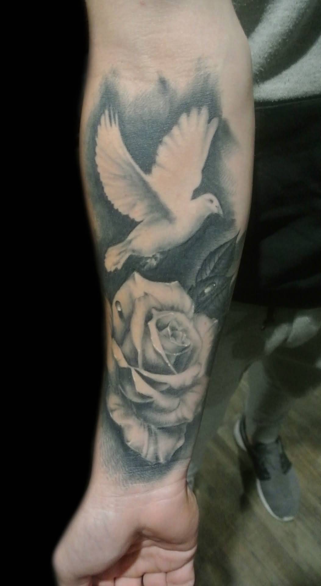 Grey And White Rose With Flying Dove Tattoo On Forearm
