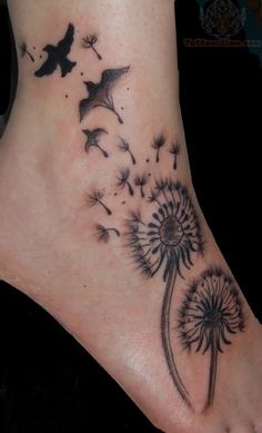 Grey Dandelion Puff And Flying Birds Ankle Tattoo