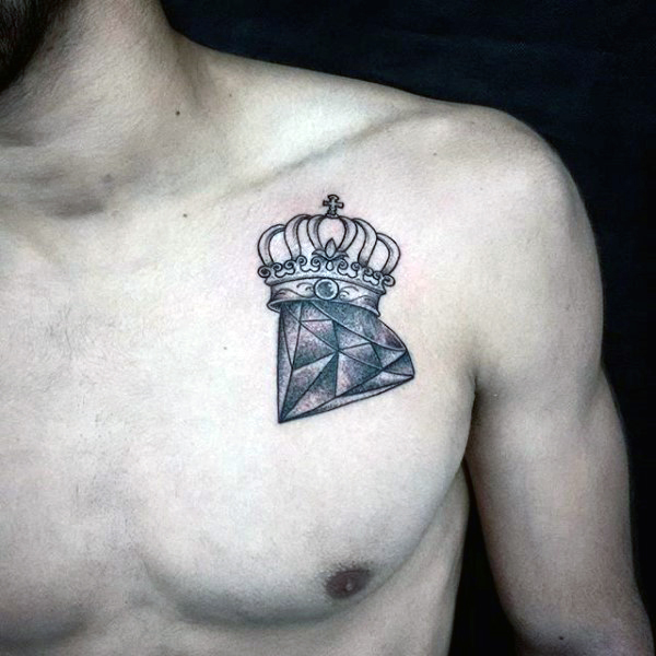 Grey Diamond And Crown Tattoo On Man Chest