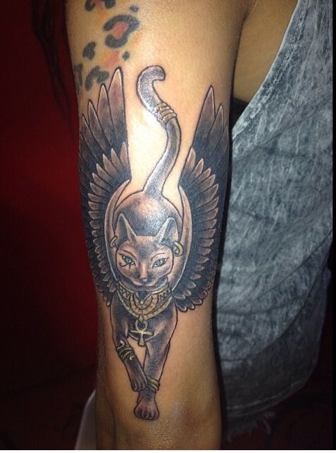 Grey Egyptian Cat With Wings Tattoo On Half Sleeve