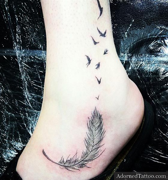 Grey Feather And Flying Birds Ankle Tattoo