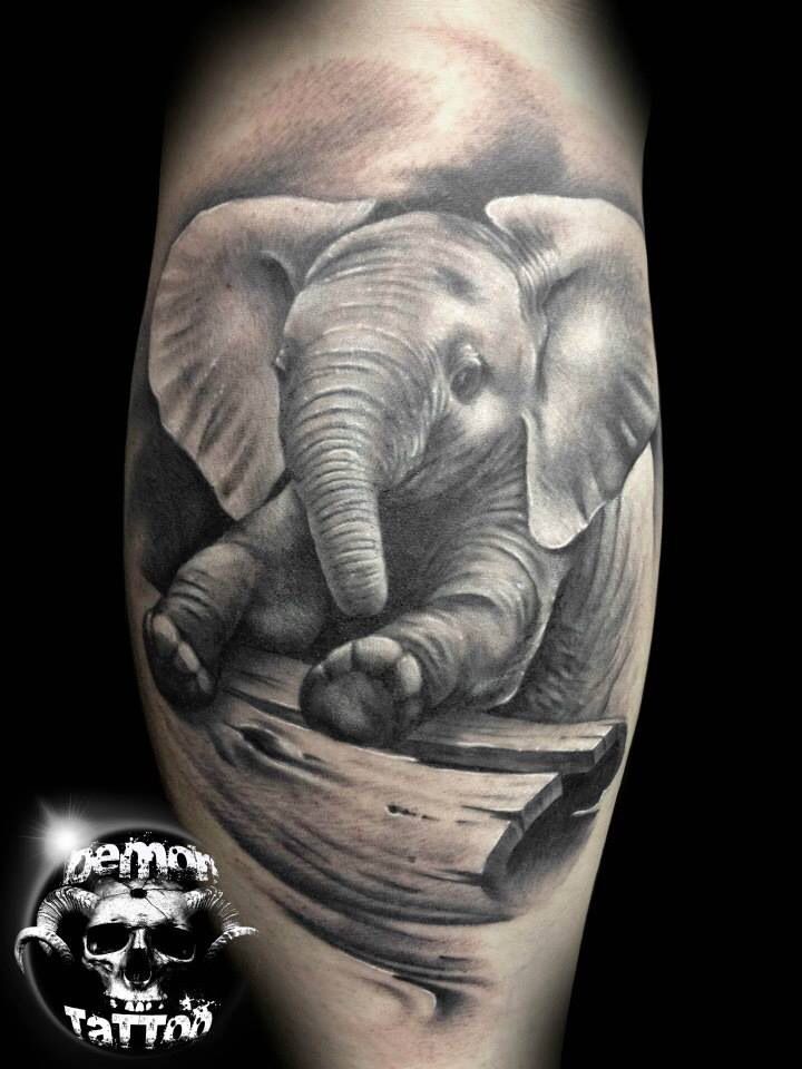 Grey Ink 3D Baby Elephant Tattoo Design For Leg Calf