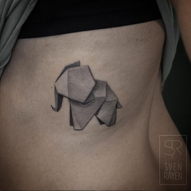 Grey Ink 3D Paper Elephant Tattoo On Side Rib By Sven Rayen
