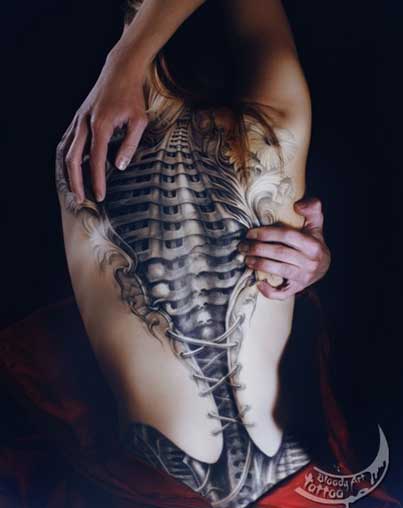 Grey Ink Corset Tattoo On Girl Full Back
