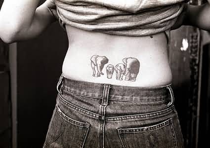 Grey Ink Elephant Family Tattoo On Lower Back