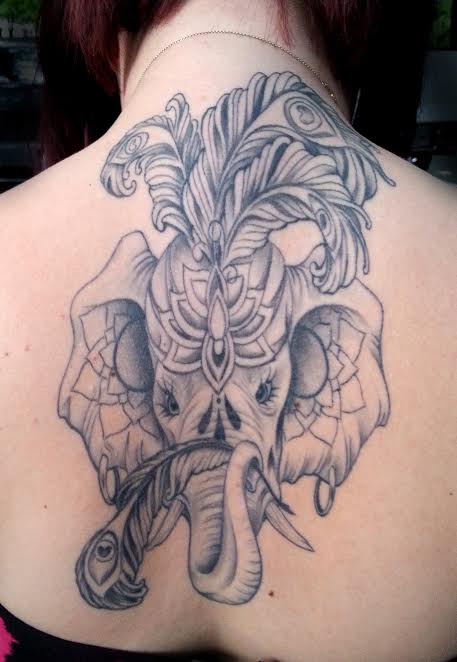 Grey Ink Elephant Head Tattoo On Girl Upper Back By Bree Giesy