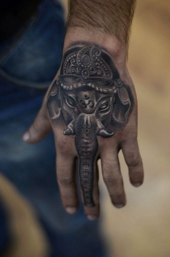 Grey Ink Elephant Head Tattoo On Left Hand By Oleg Kolomiets