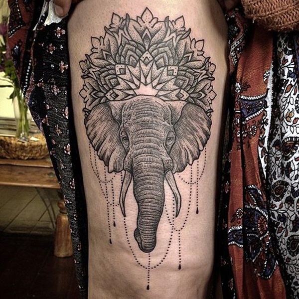 Grey Ink Elephant Head With Flower Tattoo Design For Thigh