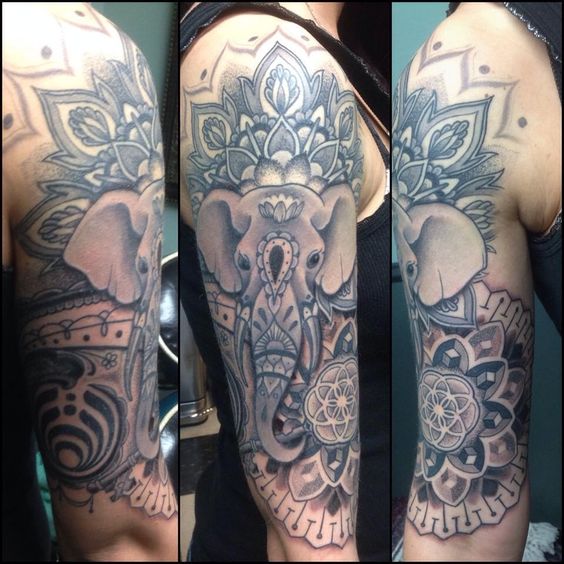 Grey Ink Elephant Head With Flowers Tattoo On Right Half Sleeve By Steve Sims