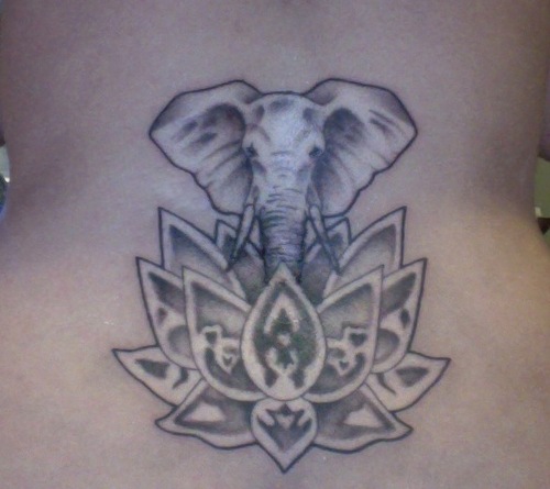 Grey Ink Elephant Head With Lotus Flower Tattoo Design For Back