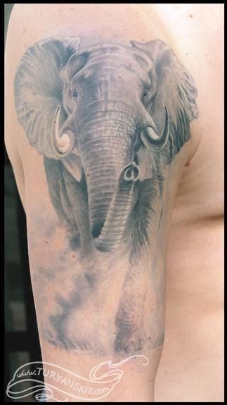 Grey Ink Elephant Tattoo On Man Right Half Sleeve