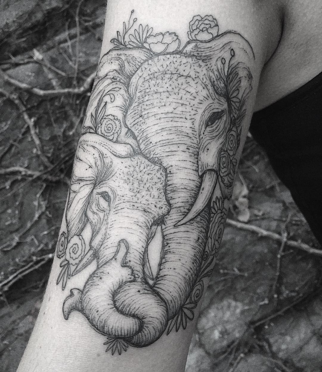 Grey Ink Elephant With Baby Elephant Tattoo On Half Sleeve