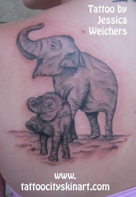 Grey Ink Elephant With Baby Elephant Tattoo On Left Back Shoulder
