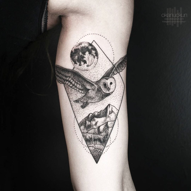 Grey Ink Geometric Dotwork Flying Owl Tattoo