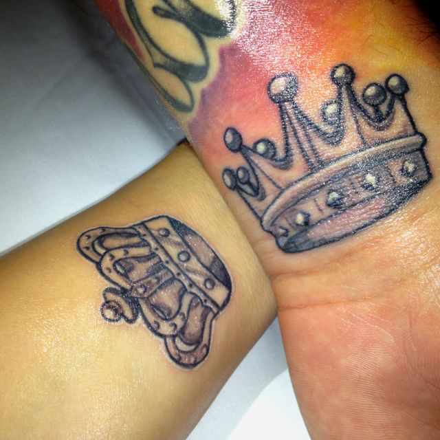 Grey Ink King And Queen Crown Tattoos On Wrists