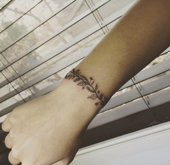 Grey Ink Leaves Wrist Bracelet Tattoo