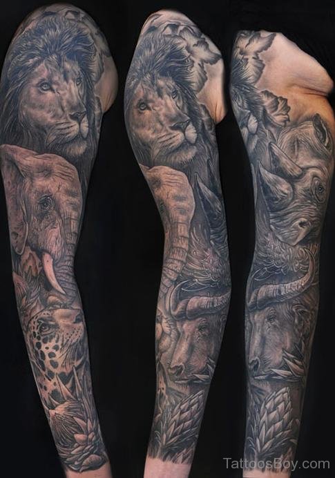 Grey Ink Lion And Elephant With Leopard Tattoo On Full Sleeve