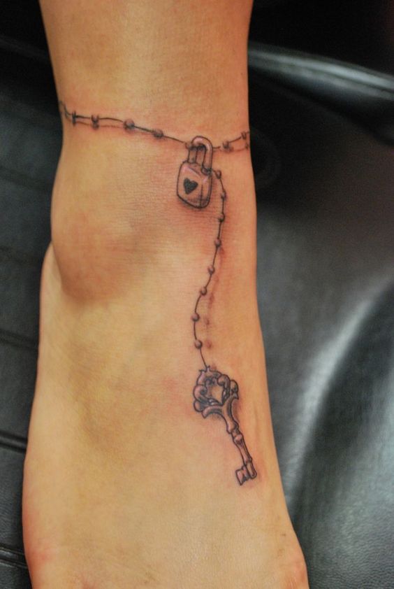 Grey Ink Lock And Key Ankle Bracelet Tattoo