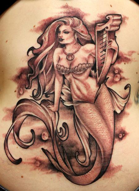 Grey Ink Mermaid Tattoo On Back