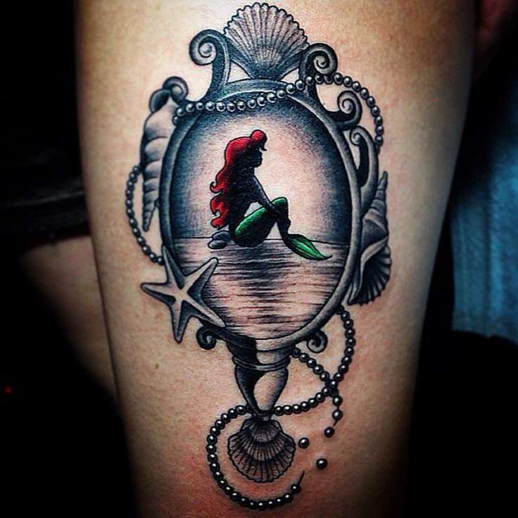 Grey Ink Mirror Frame And Little Mermaid Tattoo