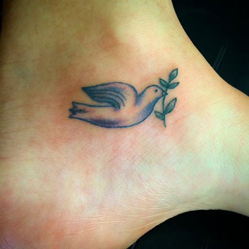 Grey Ink Peace Bird Dove Ankle Tattoo