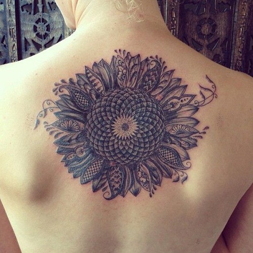 Grey Ink Realistic Sunflower Tattoo On Upper Back For Girls
